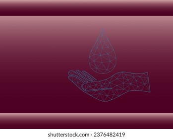 Vector illustration of a water drop on a hand on aburgundy background. A drop of water from a grid and dots. Environmental protection, clean water, ecology.