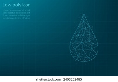 Ilustración vectorial de una gota de agua sobre un fondo azul oscuro. Una gota de agua de una red y puntos. Protección ambiental, agua limpia, ecología.