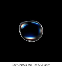 Ilustración vectorial de una gota de agua sobre un fondo negro aislado. La gota arcoíris brillante sirve como un elemento de gota líquido realista, perfecto para burbujas de aceite o jabón.