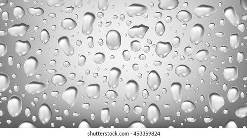 Vector illustration. Water drop on glass background. Blurred grey horizontal backdrop. Raindrops on window glass blurred abstract, 