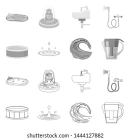 Vector illustration of water and drop sign. Set of water and splash stock vector illustration.