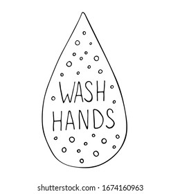Ilustración vectorial de la caída de agua con el texto de las manos lavadas aislado sobre fondo blanco. Afiche sobre higiene. Impresión de baño o baño, presupuesto de aseo. Medidas de seguridad contra virus y bacterias