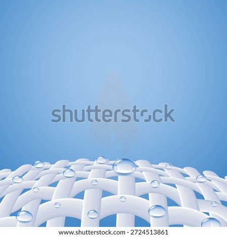 Vector illustration of water droplets beading up on treated woven fabric, demonstrating hydrophobic technology. Concept for waterproof spray coating, rainwear protection, and spill-proof upholstery
