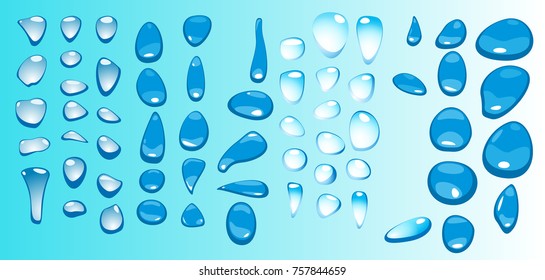 A vector illustration of water drops with a complete sets of random water drops form in several colors from  clear water drop to blue and dark blue 