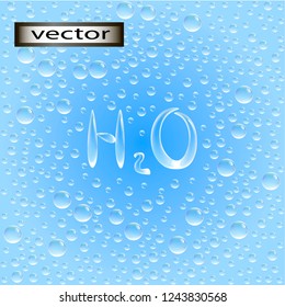 Vector illustration of water drops condensate on glass, H2O, chemical formula