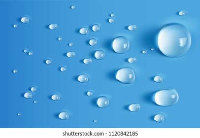 Vector Illustration of water drops different size with reflection isolated on blue background