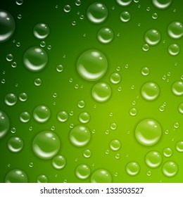 Vector Illustration of Water Drops on a Green Background
