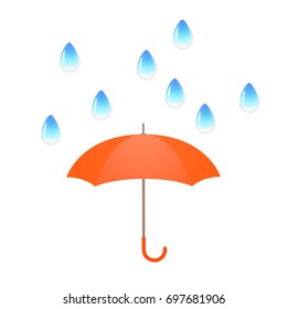 Vector illustration with water drops and orange umbrella on white background.