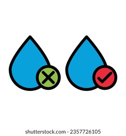 Vector illustration of water drops with yes and no symbol, cross and tick.