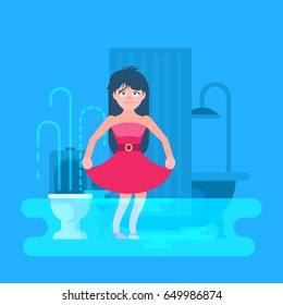 Vector illustration of water flooded bathroom.  A girl raises the edges of her dress to save them from water. Her face is puzzlement. In the bathroom broke through the pipes