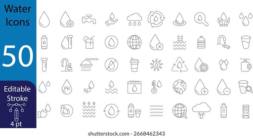 Vektorgrafik. Wassersymbolsatz. Bearbeitbarer Strich.  Enthält Tropfen, Mineral, Dusche, Plastikflasche, Wassertropfen, Quellen, Schutz, Wasserfiltration, Glas und mehr. Hub 4