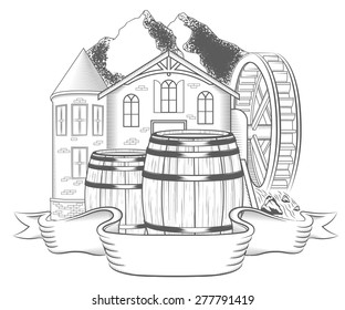 Vector illustration of water mill on a white background. Black and white Illustration old mill with waterwheel and label for your brand name - stock vector