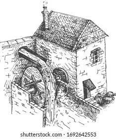 Vector illustration of a water mill. Watermill house with a wheel. Old ancient building for water pumping and grain storage. Vintage hand drawn style.