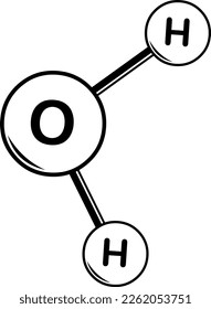 Vektorgrafik eines Wassermoleküls, bestehend aus zwei Wasserstoff und einem Sauerstoff. Auf Schwarz-Weiß gezeichnet
