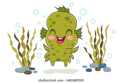 Vector illustration of a water monster in kawaii style. Illustration of a cute kid in Aqua monster costume. Halloween monster.