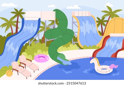 Vector illustration of a water park with many different water slides, tubing and inflatable circles, a swimming pool and sun loungers for summer entertainment
