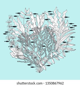 Vector illustration with water plants and fishes of a heart shape on a blue background, can be used creating card or invitation card.