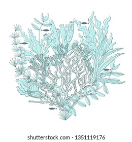 Vector illustration with water plants and fishes of a heart shape on a white background, can be used creating card or invitation card.