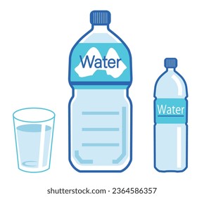Vector illustration of water, plastic bottle, cup.