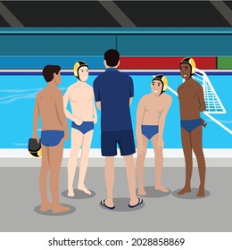 A vector illustration of water polo athletes in a meeting before match for sport competition series