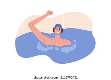 Vector illustration of water polo player rejoicing in victory. Young swimmer in caps. Game, competition in swimming pool. Water polo, swimming and water sports concept. Vector illustration.