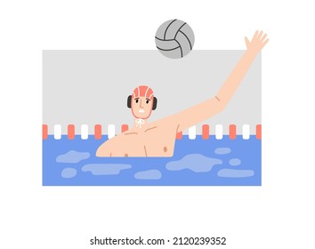 Vector illustration of water polo player in action. Young swimmer in cap. Game, competition in swimming pool. Water polo, swimming and water sports concept. Vector illustration.