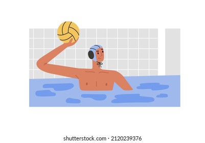 Vector illustration of water polo player in action. Young swimmer in cap, goalkeeper. Game, competition in swimming pool. Water polo, swimming and water sports concept. Vector illustration.