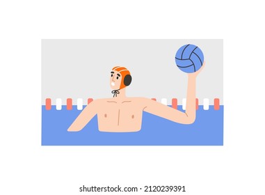 Vector illustration of water polo player in action. Young swimmer in cap. Game, competition in swimming pool. Water polo, swimming and water sports concept. Vector illustration.