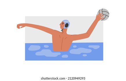 Vector illustration of water polo player in action. Young swimmer in cap. Game, competition in swimming pool. Water polo, swimming and water sports concept. Vector illustration.