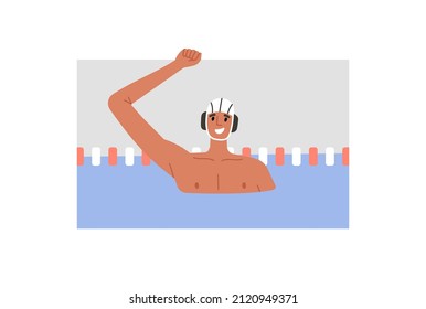 Vector illustration of water polo player rejoicing in victory. Young swimmer in caps. Game, competition in swimming pool. Water polo, swimming and water sports concept. Vector illustration.