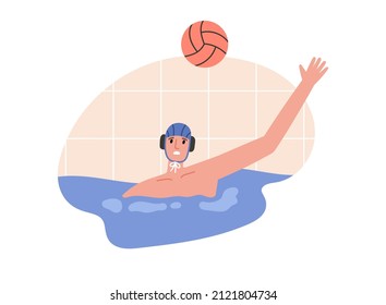 Vector illustration of water polo player in action. Young swimmer in cap. Game, competition in swimming pool. Water polo, swimming and water sports concept. Vector illustration.