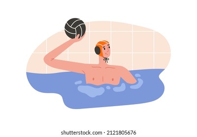 Vector illustration of water polo player in action. Young swimmer in cap. Game, competition in swimming pool. Water polo, swimming and water sports concept. Vector illustration.