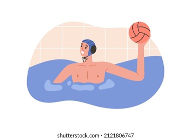 Ilustración vectorial del jugador de waterpolo en acción. Joven nadador con gorra. Juego, competición en la piscina. El concepto de waterpolo, natación y deportes náuticos. Ilustración vectorial.