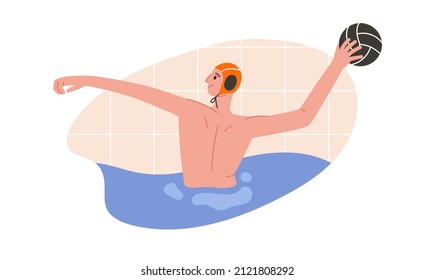 Vector illustration of water polo player in action. Young swimmer in cap. Game, competition in swimming pool. Water polo, swimming and water sports concept. Vector illustration.