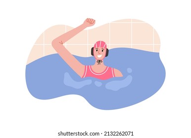 Vector illustration of water polo player rejoicing in victory. Young swimmer in cap. Game, competition in swimming pool. Water polo, swimming and water sports concept. Vector illustration.