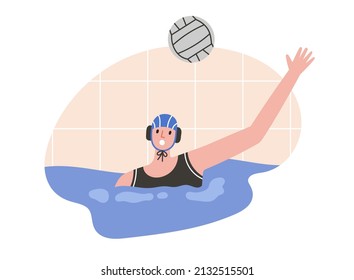 Vector illustration of water polo player in action. Young swimmer in cap. Game, competition in swimming pool. Water polo, swimming and water sports concept. Vector illustration.