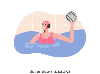 Vector illustration of water polo player in action. Young swimmer in cap. Game, competition in swimming pool. Water polo, swimming and water sports concept. Vector illustration.