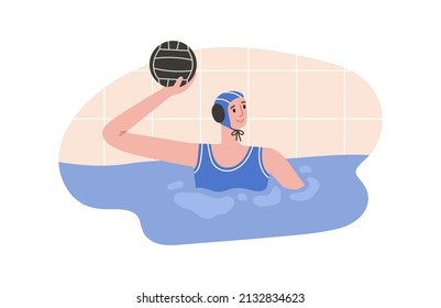 Vector illustration of water polo player in action. Young swimmer in cap. Game, competition in swimming pool. Water polo, swimming and water sports concept. Vector illustration.