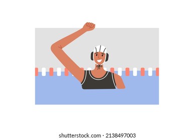 Vector illustration of water polo player rejoicing in victory. Young woman in cap. Game, competition in swimming pool. Water polo, swimming and water sports concept. Vector illustration.