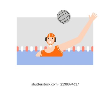 Vector illustration of water polo player in action. Swimmer catching the waterpolo ball. Game, competition in swimming pool. Water polo, swimming and water sports concept. Vector illustration.