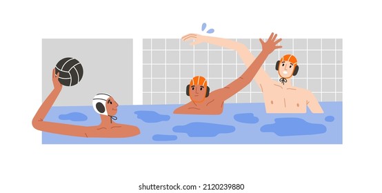 Vector illustration of water polo players in action, goalkeeper. Young swimmers in caps. Game, competition in swimming pool. Water polo, swimming and water sports concept. Vector illustration.