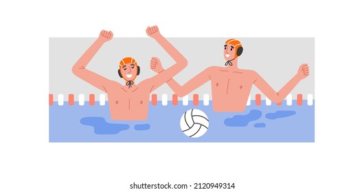 Vector illustration of water polo players rejoicing in victory. Young swimmers in caps. Game, competition in swimming pool. Water polo, swimming and water sports concept. Vector illustration.