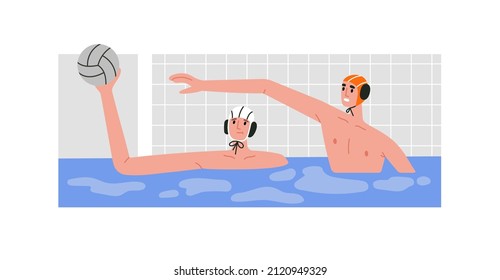 Vector illustration of water polo players in action. Young swimmers in caps, goalkeeper. Game, competition in swimming pool. Water polo, swimming and water sports concept. Vector illustration.