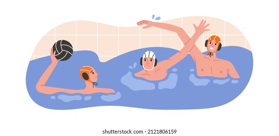 Ilustración vectorial de los jugadores de waterpolo en acción. Jóvenes nadadores en gorras. Juego, competición en la piscina. El concepto de waterpolo, natación y deportes náuticos. Ilustración vectorial.