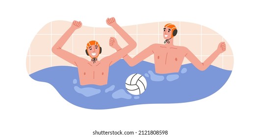 Vector illustration of water polo players rejoicing in victory. Young swimmers in caps. Game, competition in swimming pool. Water polo, swimming and water sports concept. Vector illustration.