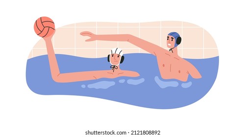 Vector illustration of water polo players in action. Young swimmers in caps. Game, competition in swimming pool. Water polo, swimming and water sports concept. Vector illustration.