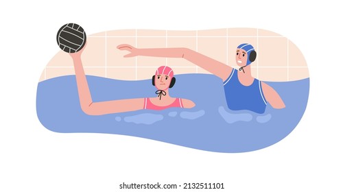 Ilustración vectorial de los jugadores de waterpolo en acción. Jóvenes nadadores en gorras. Juego, competición en la piscina. El concepto de waterpolo, natación y deportes náuticos. Ilustración vectorial.