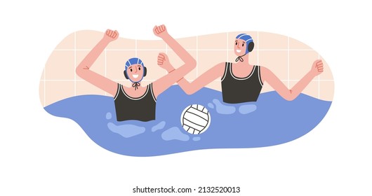 Vector illustration of water polo players rejoicing in victory. Young swimmers in caps. Game, competition in swimming pool. Water polo, swimming and water sports concept. Vector illustration.