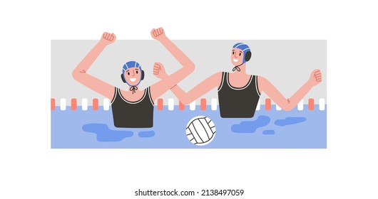 Vector illustration of water polo players rejoicing in victory. Young women in caps. Game, competition in swimming pool. Water polo, swimming and water sports concept. Vector illustration.