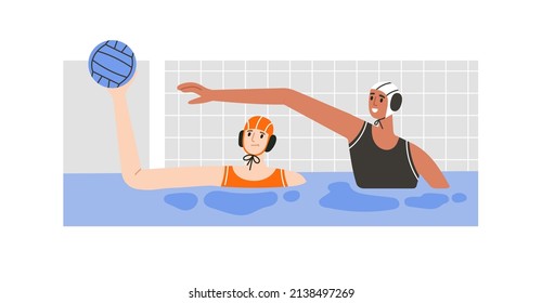 Vector illustration of water polo players in action. Young women in caps. Game, competition in swimming pool. Water polo, swimming and water sports concept. Vector illustration.